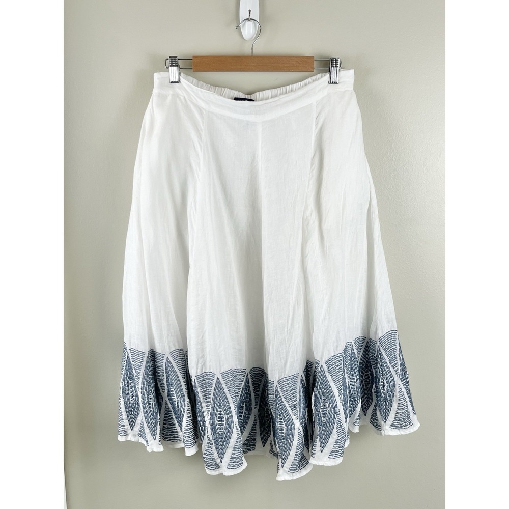 Lands End Linen‎ Skirt Womens Small 6-8 White Blue Embroidered Hem Lined Pockets